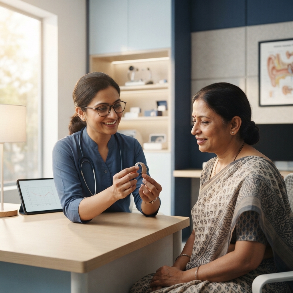 Indian doctor explaining hearing aid solutions in Kolkata